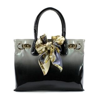 The Scarleton Ombre Patent Leather Tote Bag w/ Scarf Detail - Black & Gray